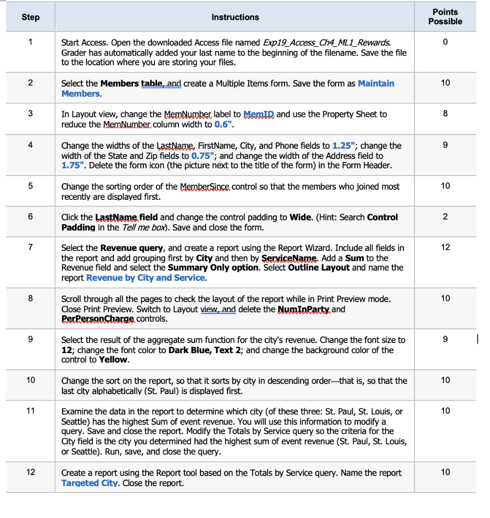Step Instructions Points Possible 1 0 Start