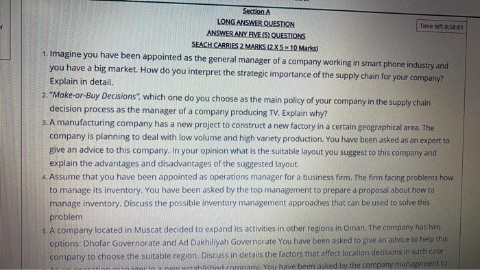 Time left 0:58:01 Section A LONG ANSWER QUESTION