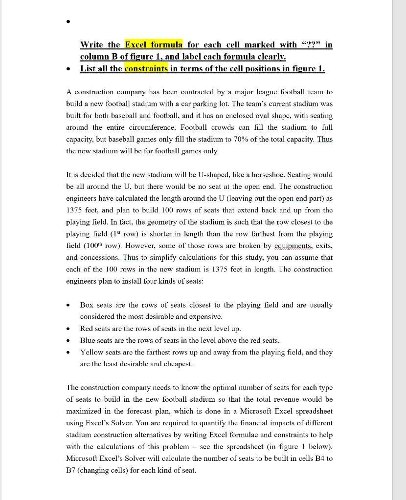 Write the Excel formula for each cell marked with