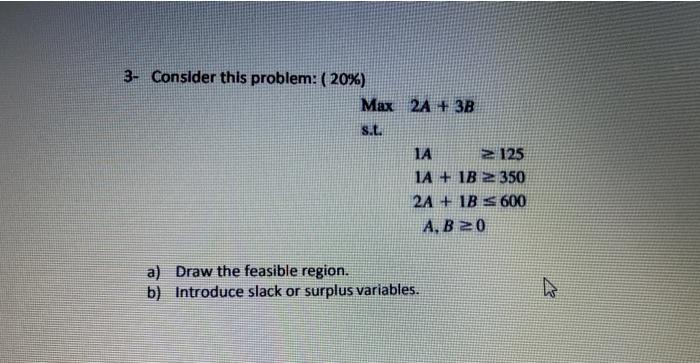 3- Consider this problem: (20%) Max 2A + 3B S.L.