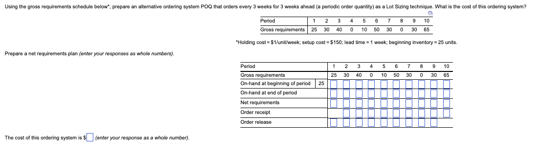 Using the gross requirements schedule below*,