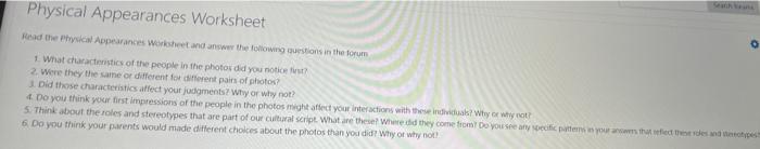 Physical Appearances Worksheet Read the physical