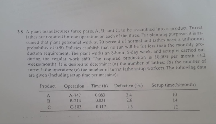 3.8 A plant manufactures three parts. A. B. and