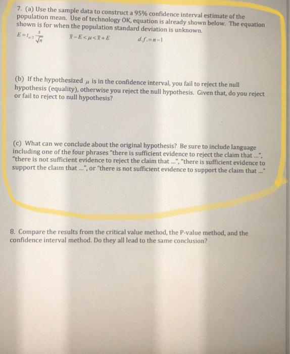 7. (a) Use the sample data to construct a 95%