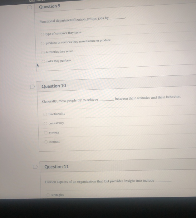 Question 9 Functional departmentalization groups