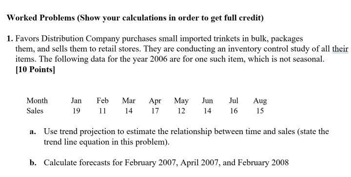 Worked Problems (Show your calculations in order