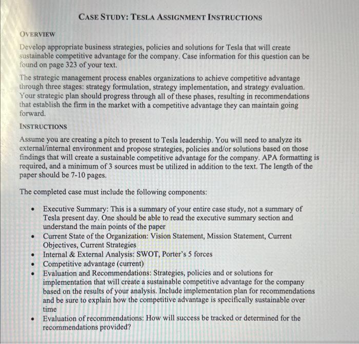 CASE STUDY: TESLA ASSIGNMENT INSTRUCTIONS