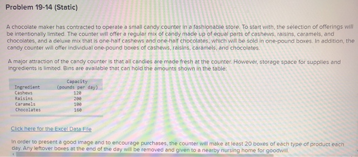 Problem 19-14 (Static) A chocolate maker has