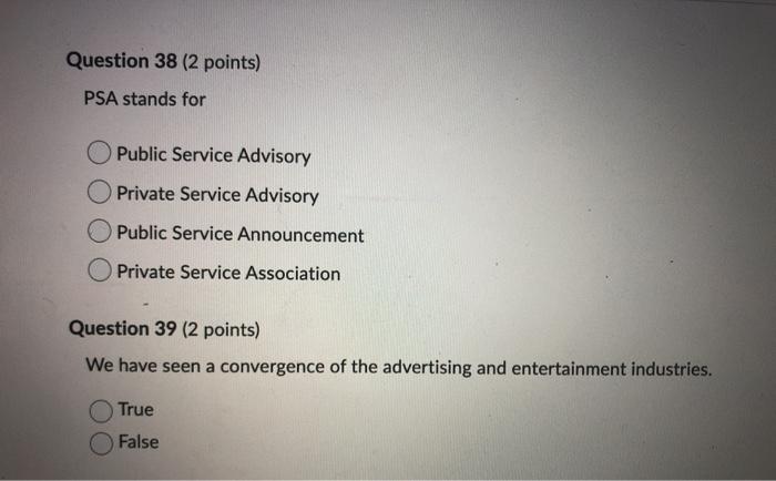 Question 38 (2 points) PSA stands for Public