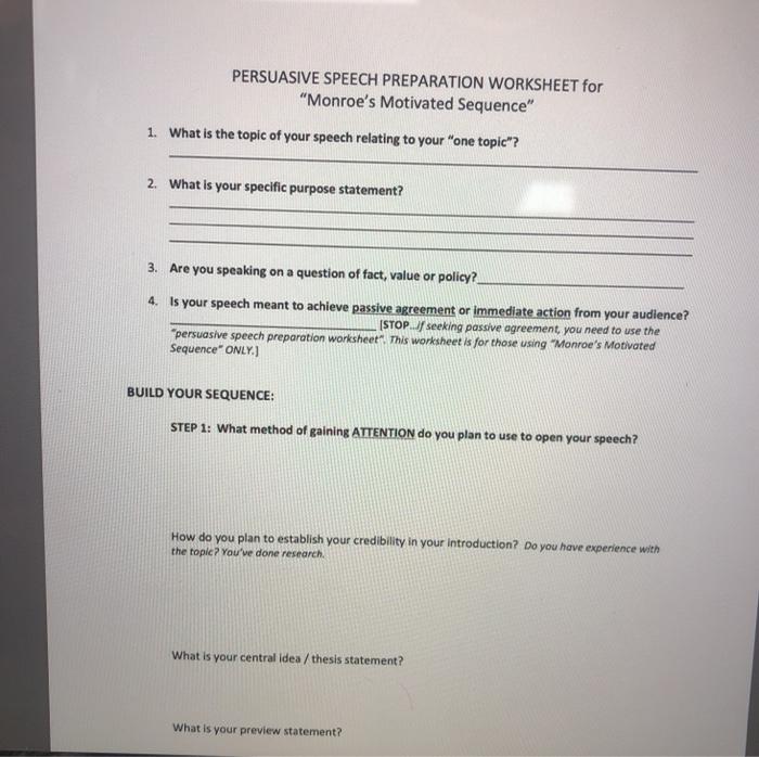 PERSUASIVE SPEECH PREPARATION WORKSHEET for