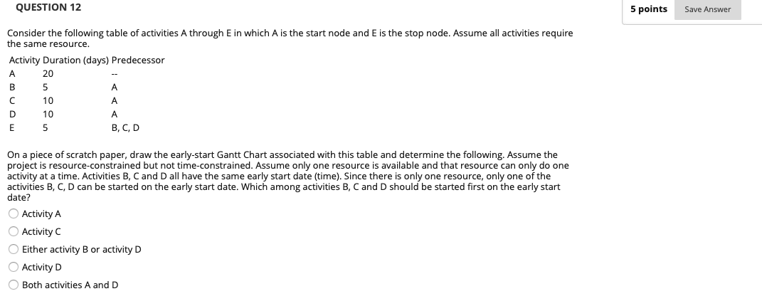 QUESTION 12 5 points Save Answer Consider the