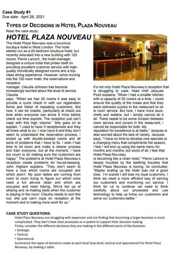 Case Study #1 Due date: April 26, 2021 HOTEL CASE