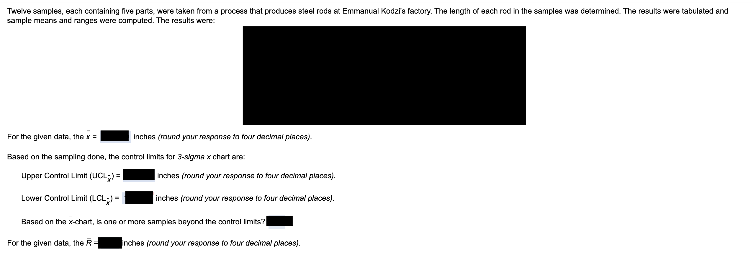 Sample Sample Mean (in.) Range (in.) Sample