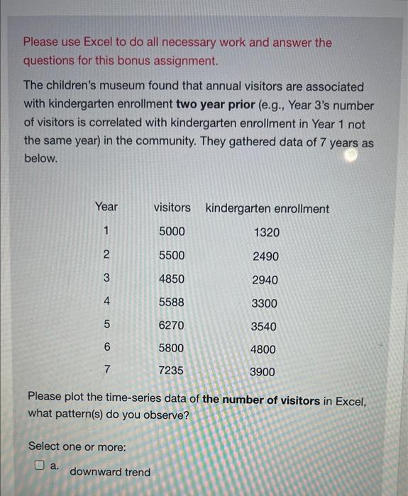 Please use Excel to do all necessary work and