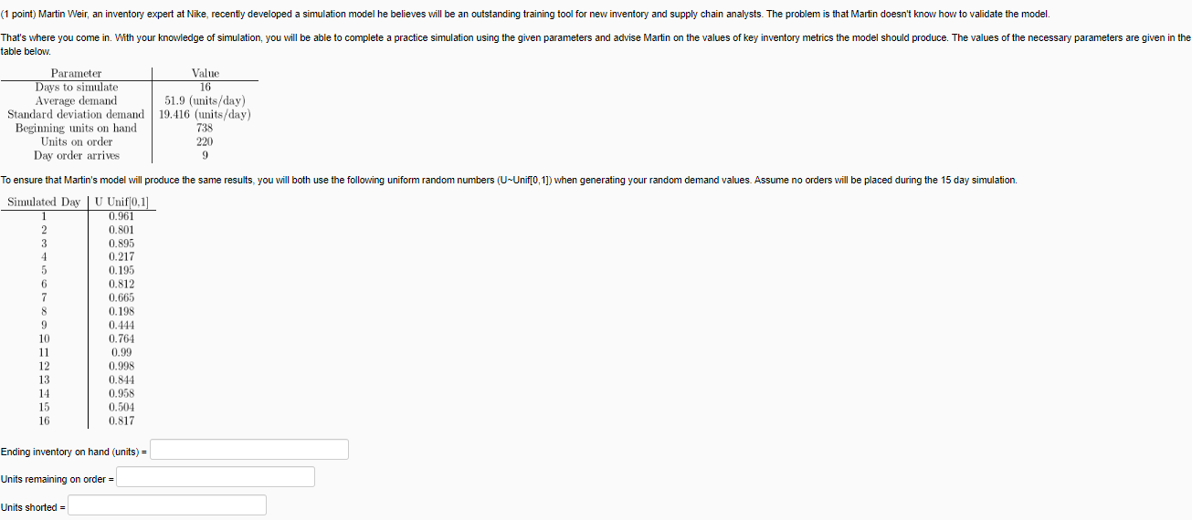 (1 point) Martin Weir, an inventory expert at