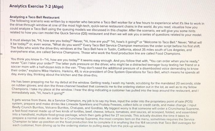 Analytics Exercise 7-2 (Algo) Analyzing a Taco