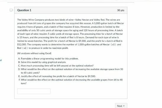 kindly help Question 1 30 pts The Valley Wine
