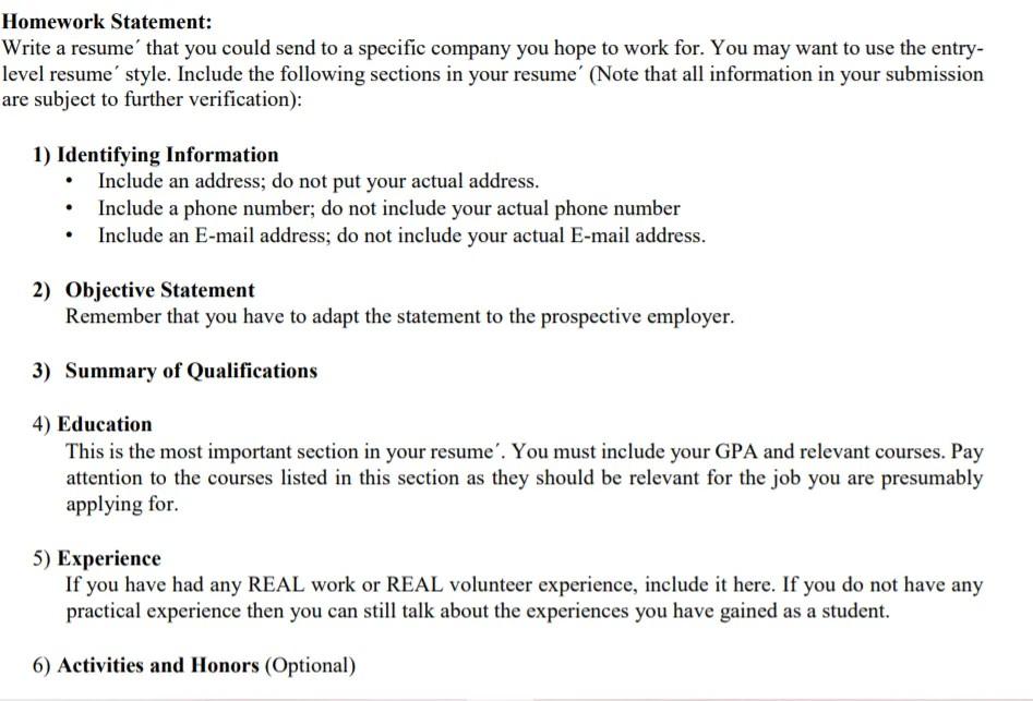 Homework Statement: Write a resume that you could