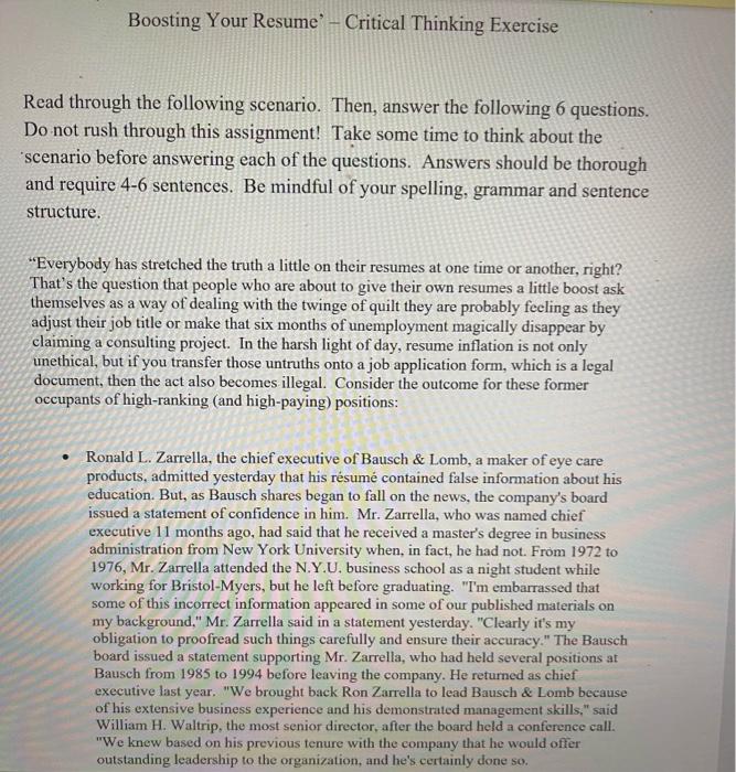 BUS 240! boosting your resume-Critical thinking