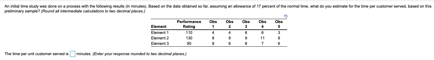 An initial time study was done on a process with