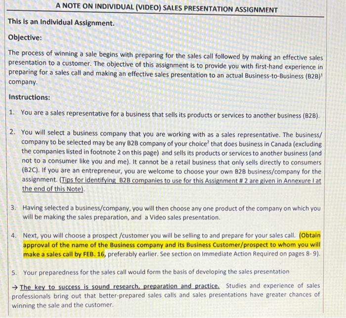 A NOTE ON INDIVIDUAL (VIDEO) SALES PRESENTATION