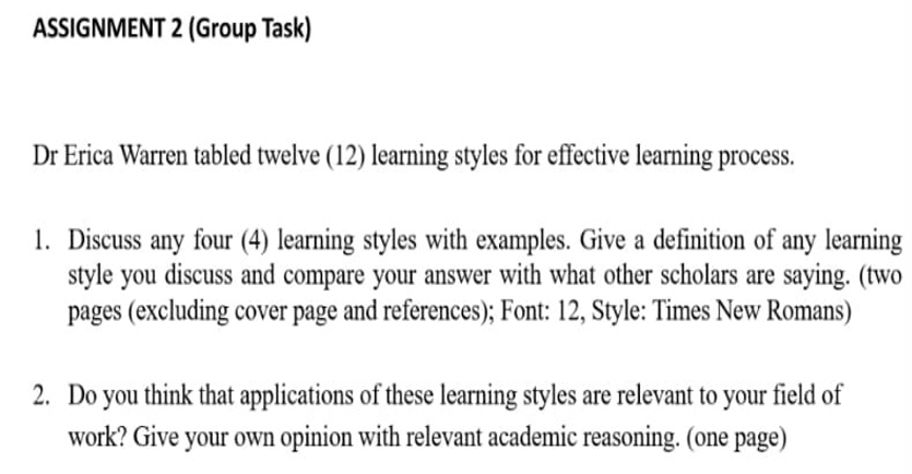 ASSIGNMENT 2 (Group Task) Dr Erica Warren tabled