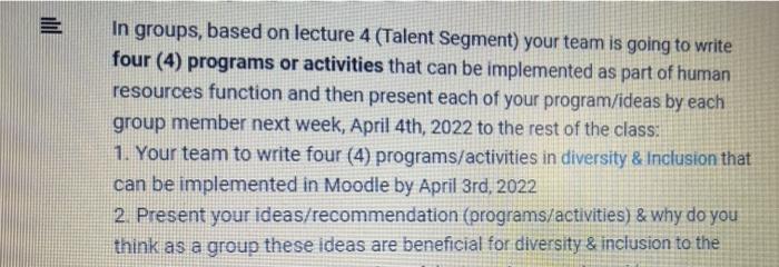 write four programs /activies in diversity &