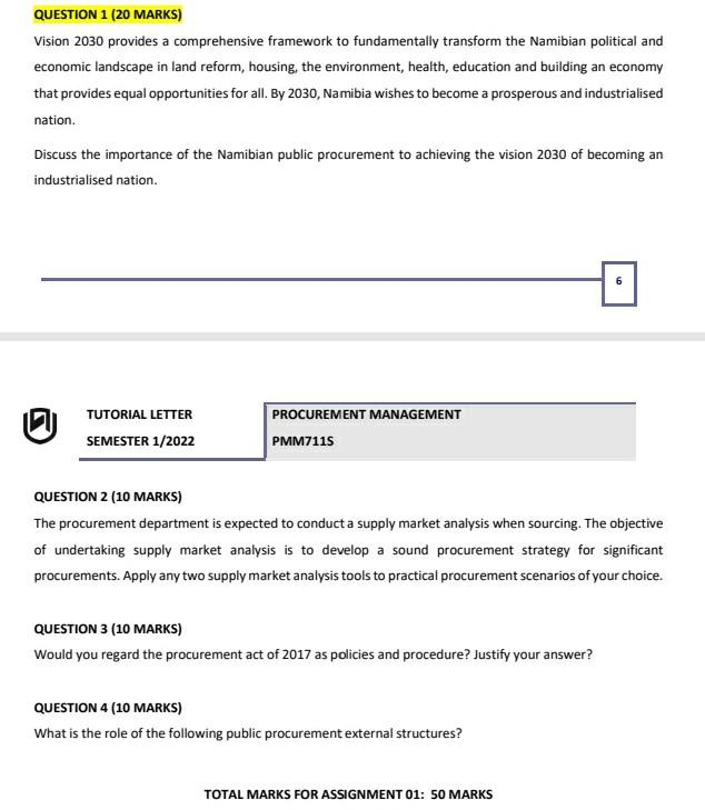 QUESTION 1 (20 MARKS) Vision 2030 provides a