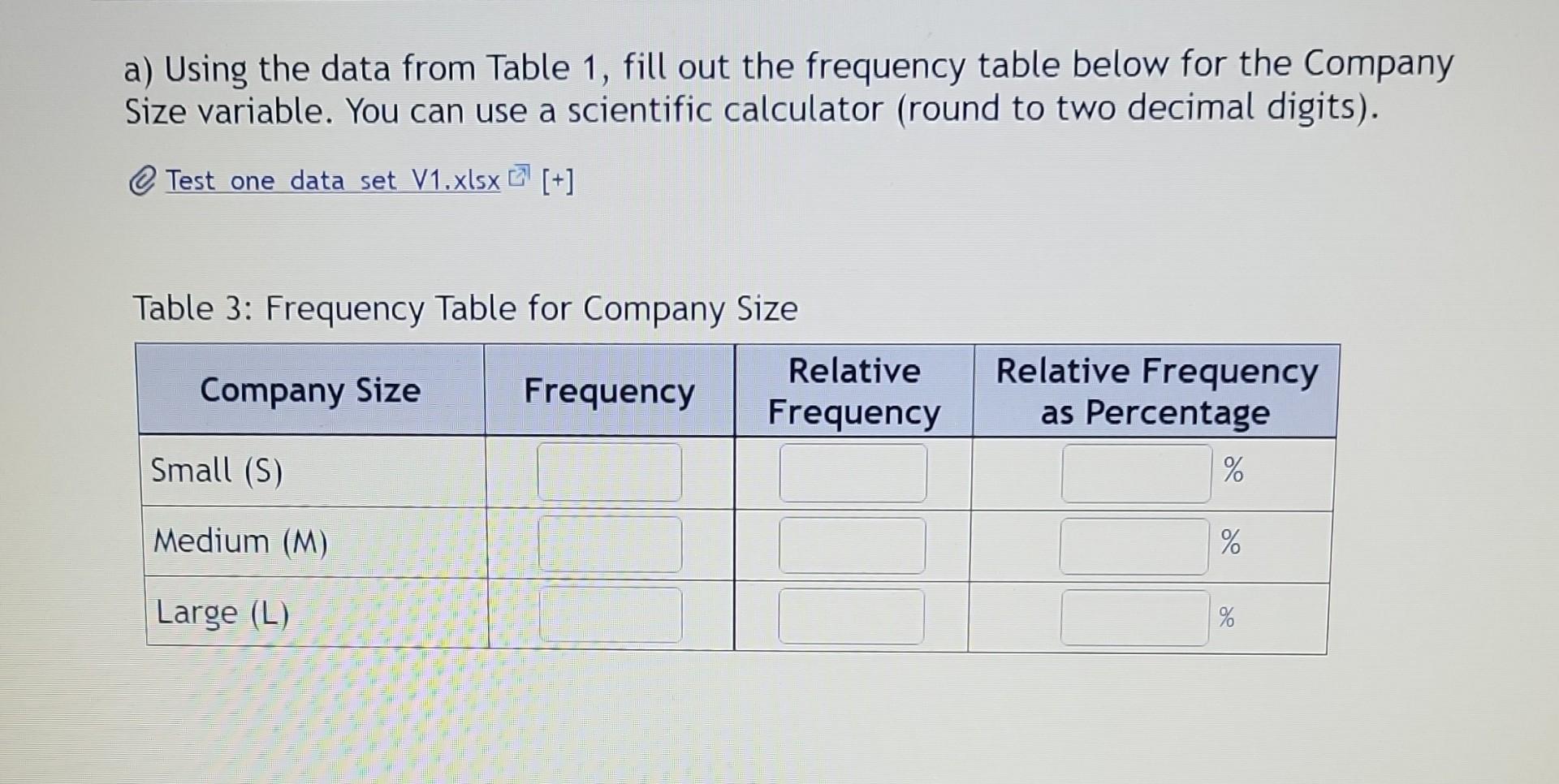 a) Using the data from Table 1, fill out the