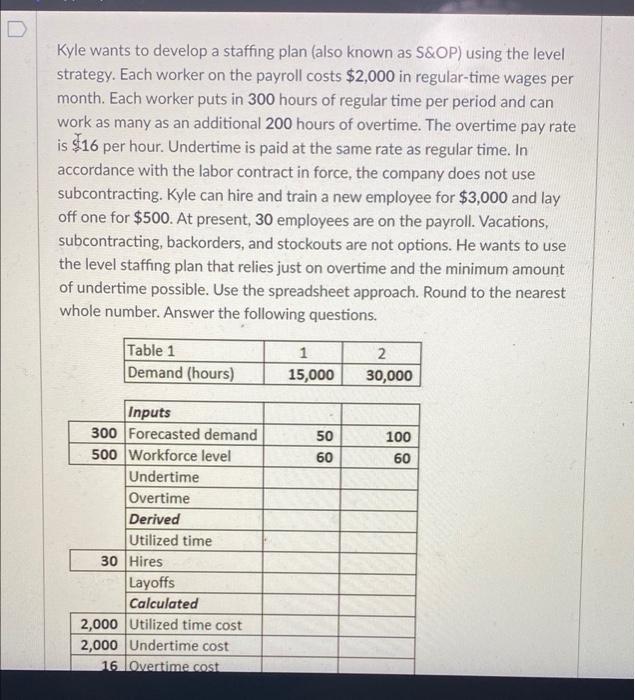 Q3 and Q4 Kyle wants to develop a staffing plan