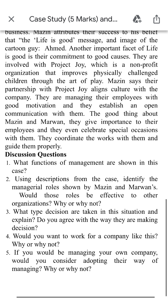 Case Study Focus: Management functions,