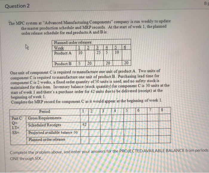 Question 2 The MPC system at "Advanced