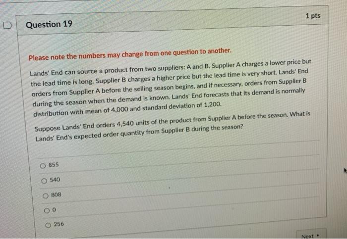 Question 18 1 pts Please note the numbers may