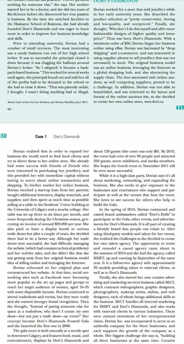 please answer question no. 2 Dori's Diamonds CASE