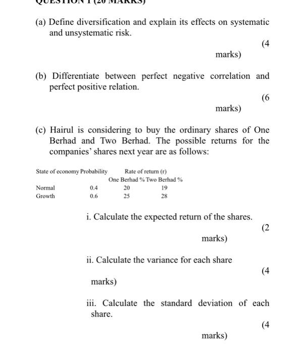 (a) Define diversification and explain its