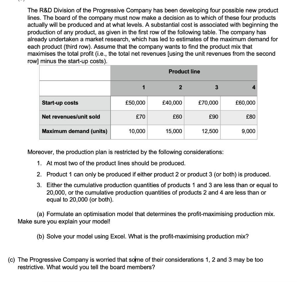 Formulate an optimisation model that determines