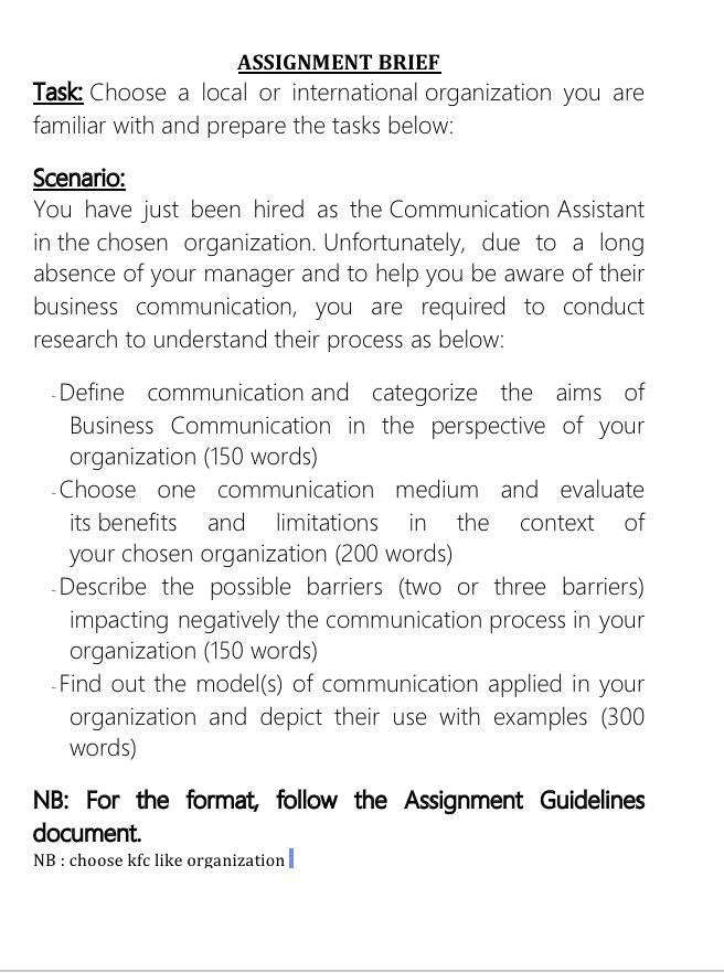 ASSIGNMENT BRIEF Task: Choose a local or