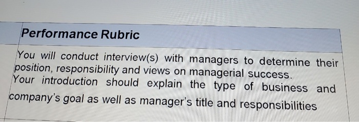 Performance Rubric You will conduct interview(s)