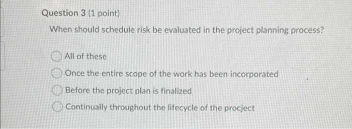 Question 3 (1 point) When should schedule risk be