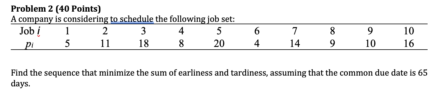 Scheduling and Logistics course Problem 2 (40