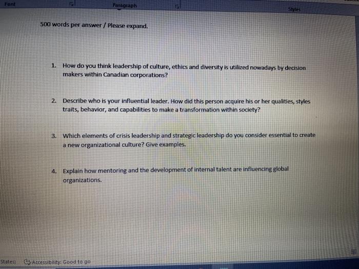 Font Paragraph Styles 500 words per answer /