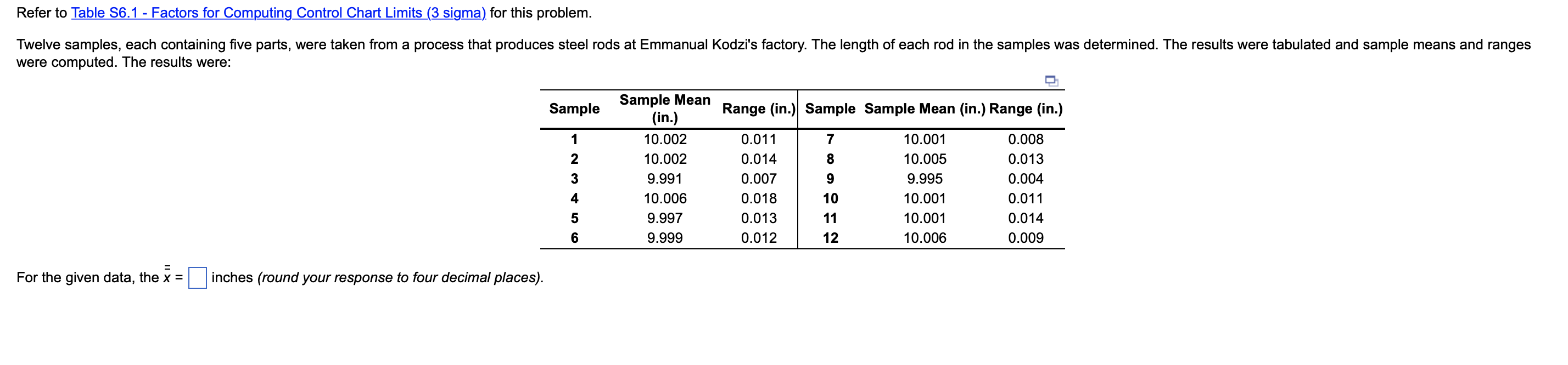 Refer to Table S6.1 - Factors for Computing