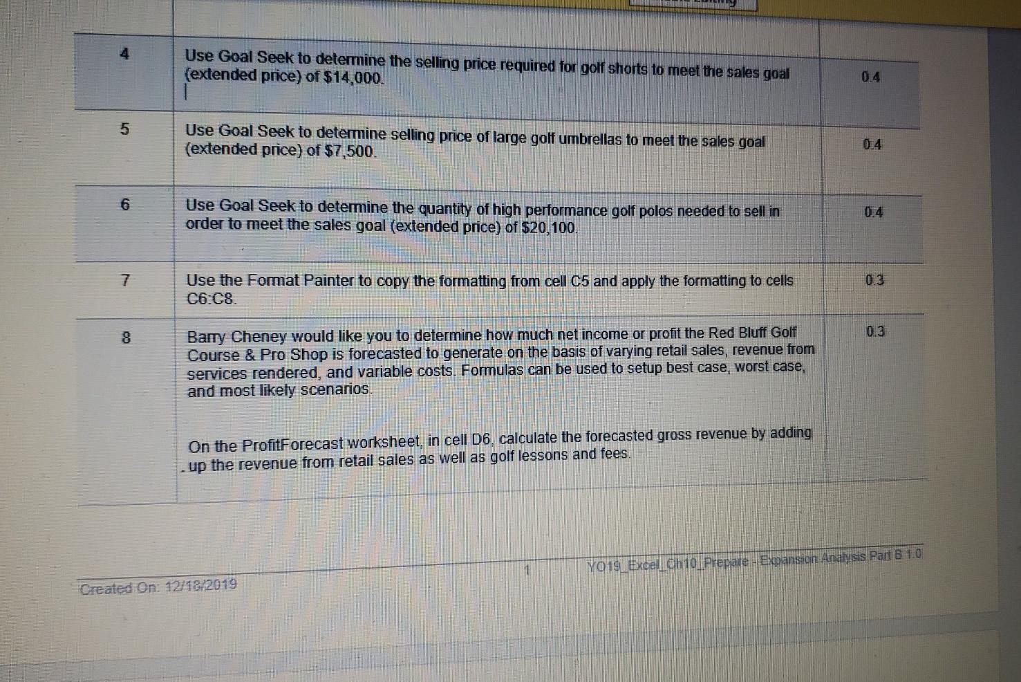 Grader - Instructions Excel 2019 Project
