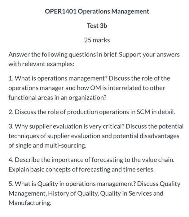OPER 1401 Operations Management Test 3b 25 marks