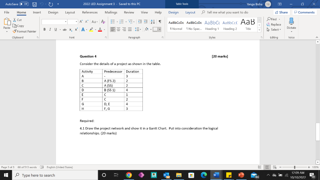 Consider the details of a project as shown in the