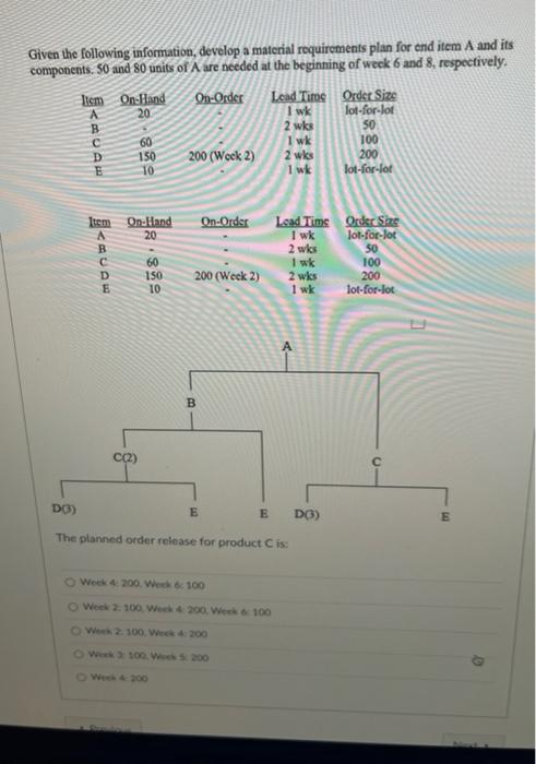 Given the following information, develop a