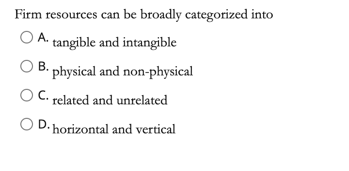 Firm resources can be broadly categorized into A.