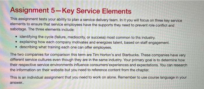 Assignment 5-Key Service Elements This assignment