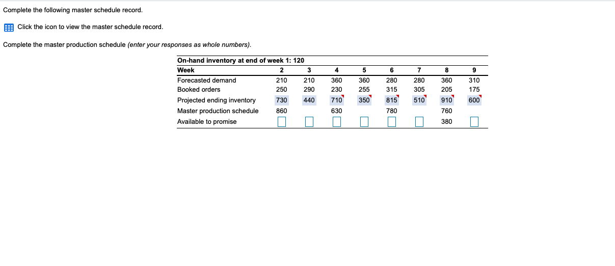 Complete the following master schedule record. ::