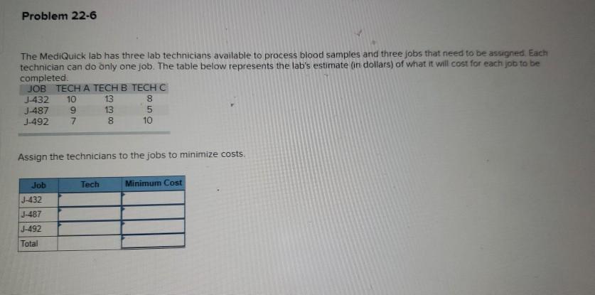 Problem 22-6 The MediQuick lab has three lab